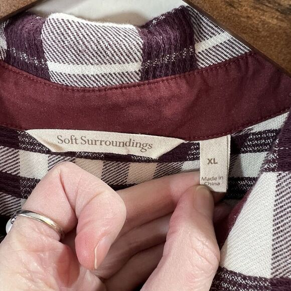 Soft Surroundings Women’s Plaid Blouse Size XL Burgundy Purple Cottage Cabincore - Picture 3 of 7